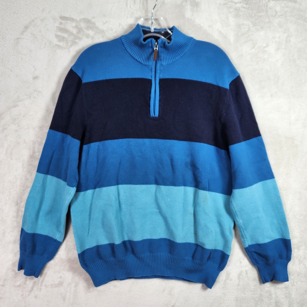 Club Room Quarter Zip Sweater Mens XL Blue Striped 100% Cotton Preppy Casual